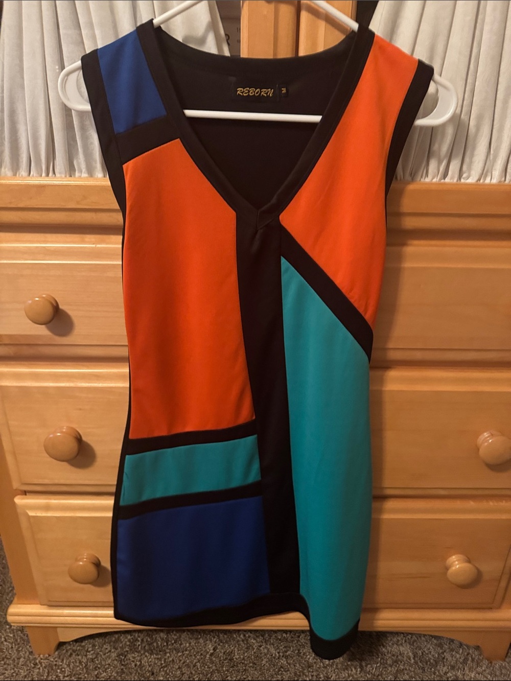 Reborn Orange, Teal & Blue Colorblock V-Neck Shift Dress